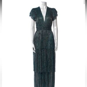 Sabina Musayev Teal Metallic Pleated Midi Dress